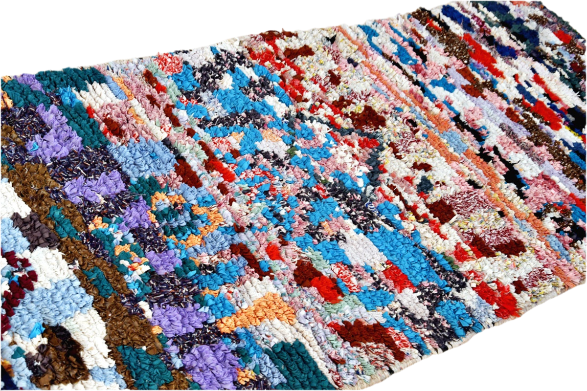 Blue red purple moroccan boucherouite runner rag rug