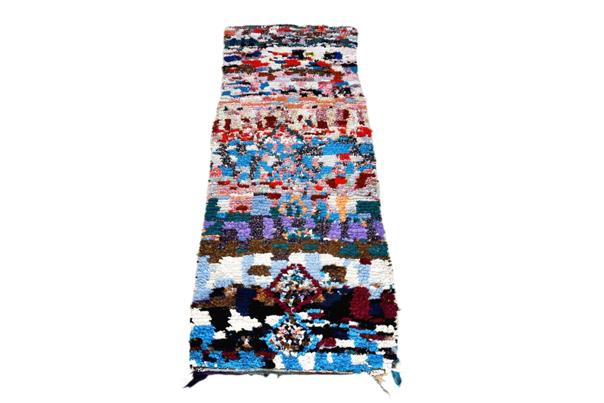 Blue red purple moroccan boucherouite top runner rag rug Standing 1