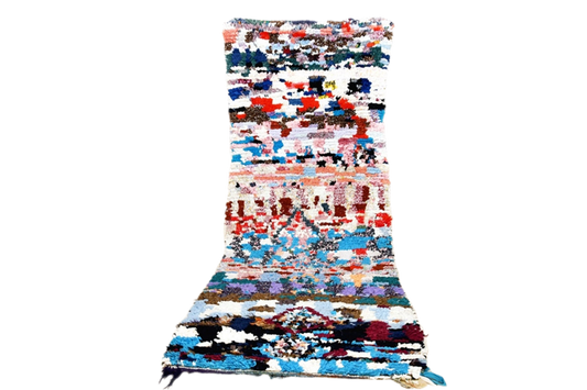 Blue red purple moroccan boucherouite top runner rag rug standing