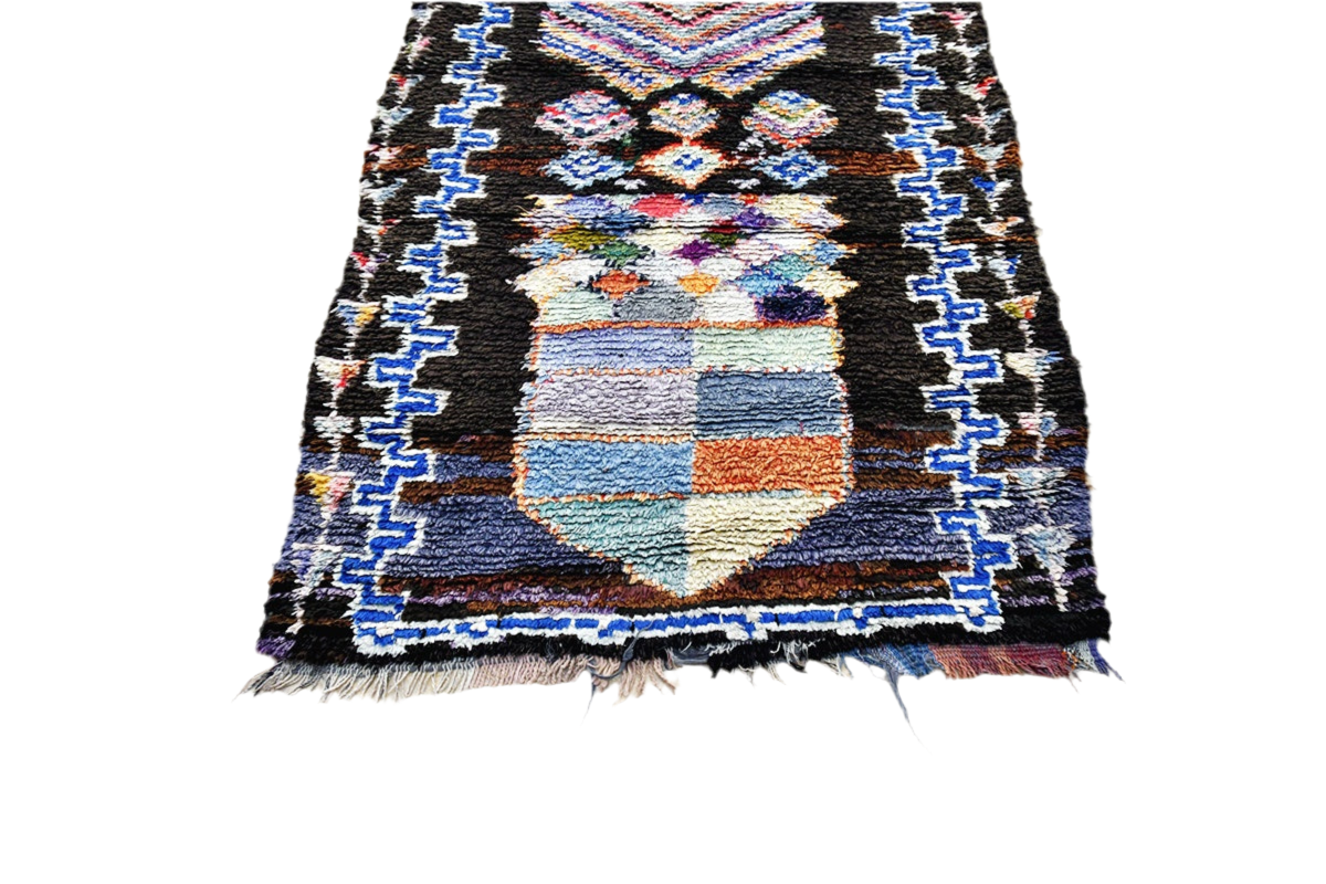 Boho black blue moroccan boucheoruite industrial wool rug