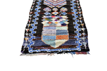 Boho black blue moroccan boucheoruite industrial wool rug