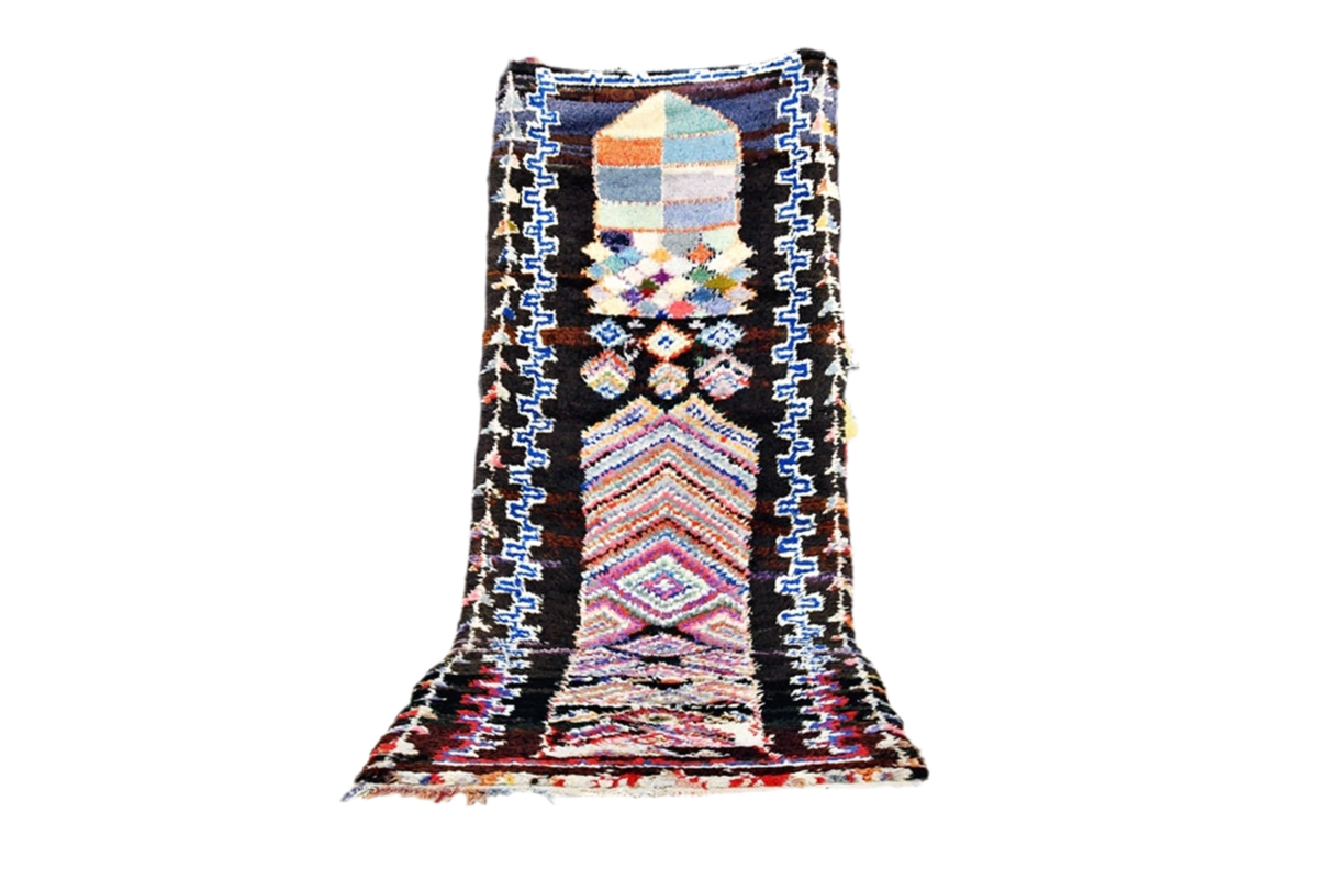 Boho black blue moroccan boucheoruite industrial wool rug standing