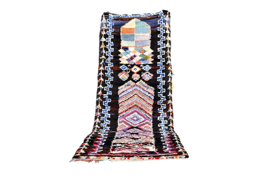 Boho black blue moroccan boucheoruite industrial wool rug standing