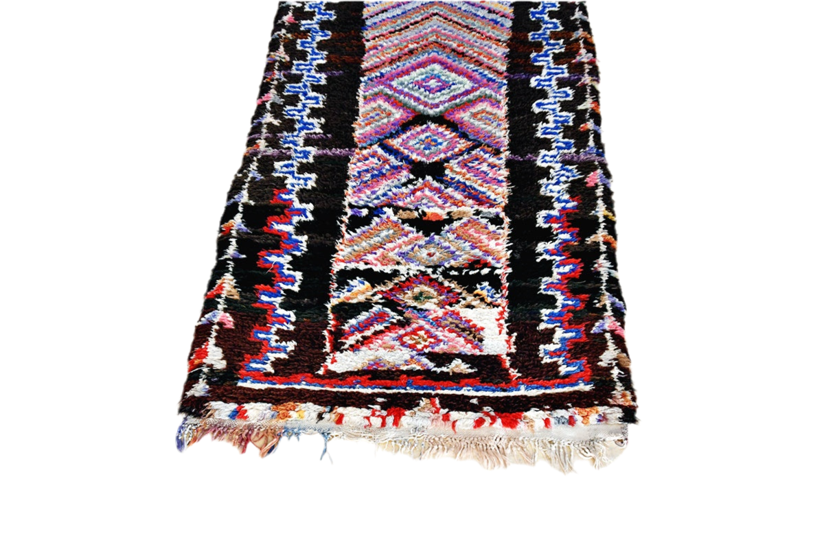 Boho black blue moroccan boucheoruite industrial wool rug tassels