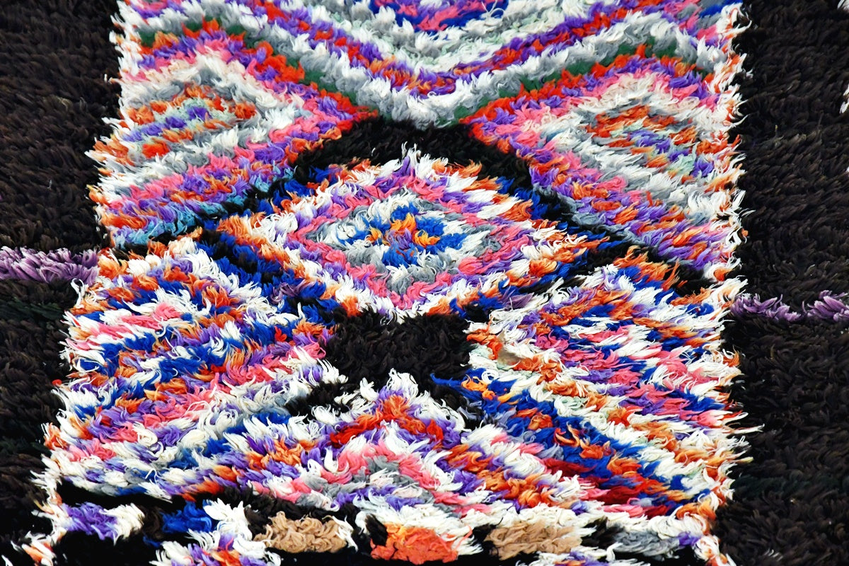Boucherouite black blue rug close