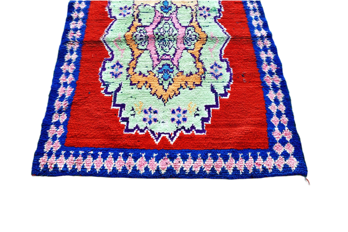Bright red blue Moroccan boucherouite rag rug