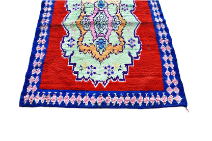 Bright red blue Moroccan boucherouite rag rug