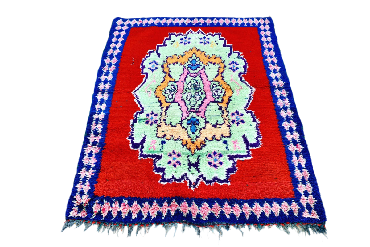 Bright red blue Moroccan boucherouite rag rug full 