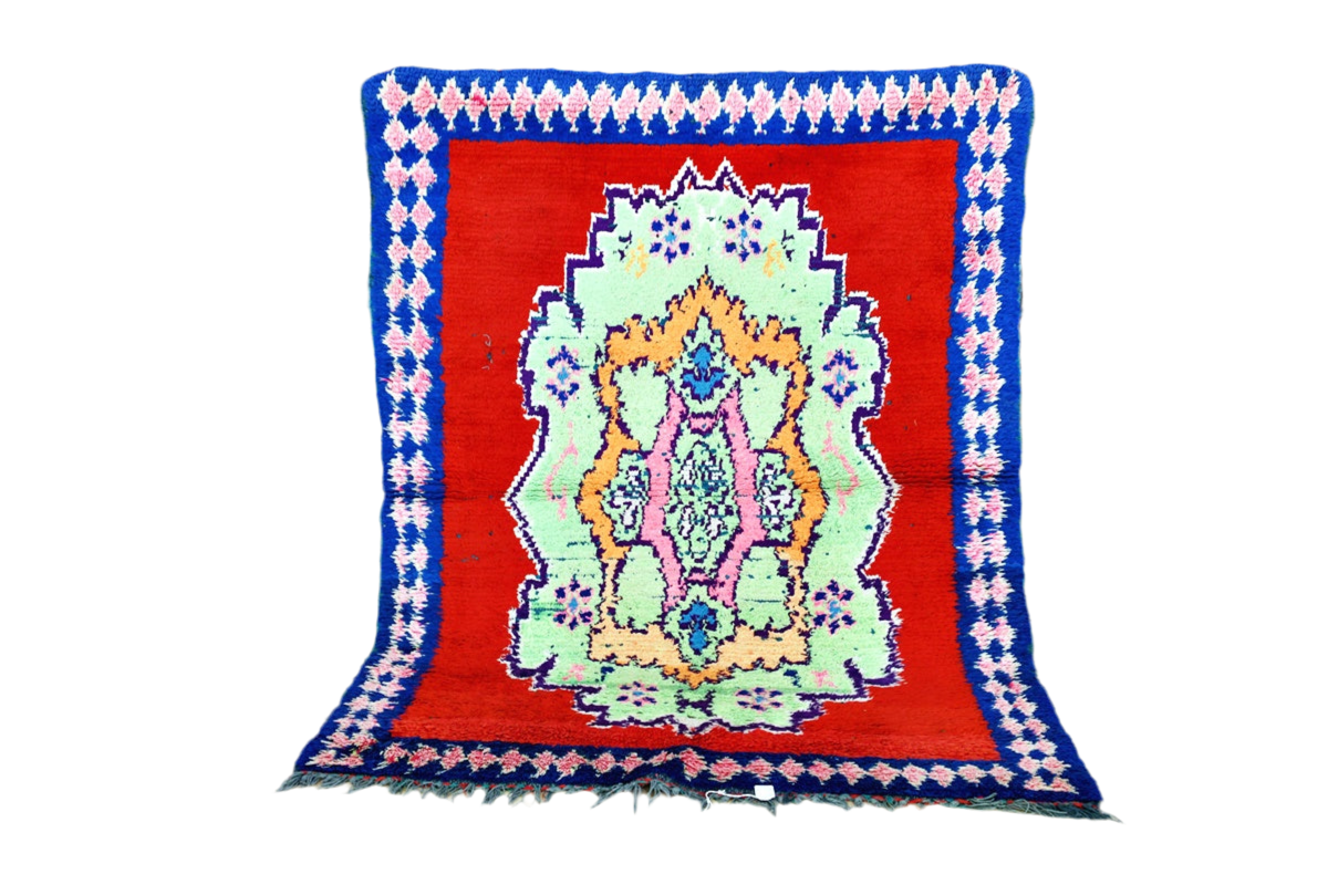 Bright red blue Moroccan boucherouite rag rug standing
