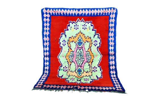 Bright red blue Moroccan boucherouite rag rug standing