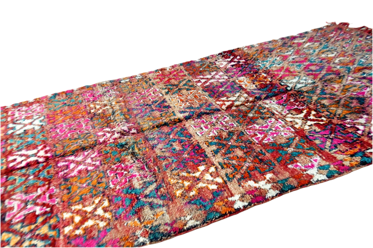 Bright red pink green vintage moroccan zemmour rug 