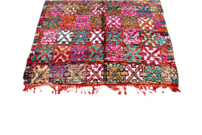 Bright red pink green vintage moroccan zemmour rug bottom tassels