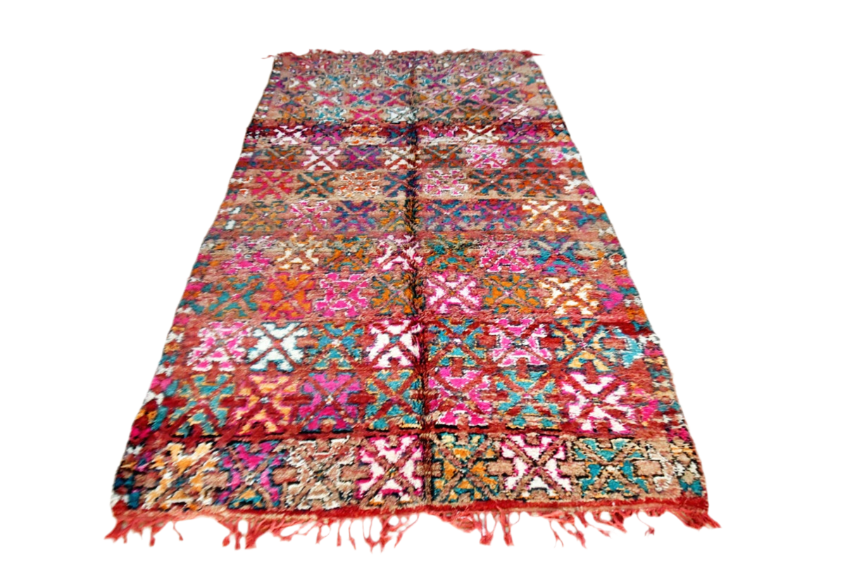 Bright red pink green vintage moroccan zemmour rug front