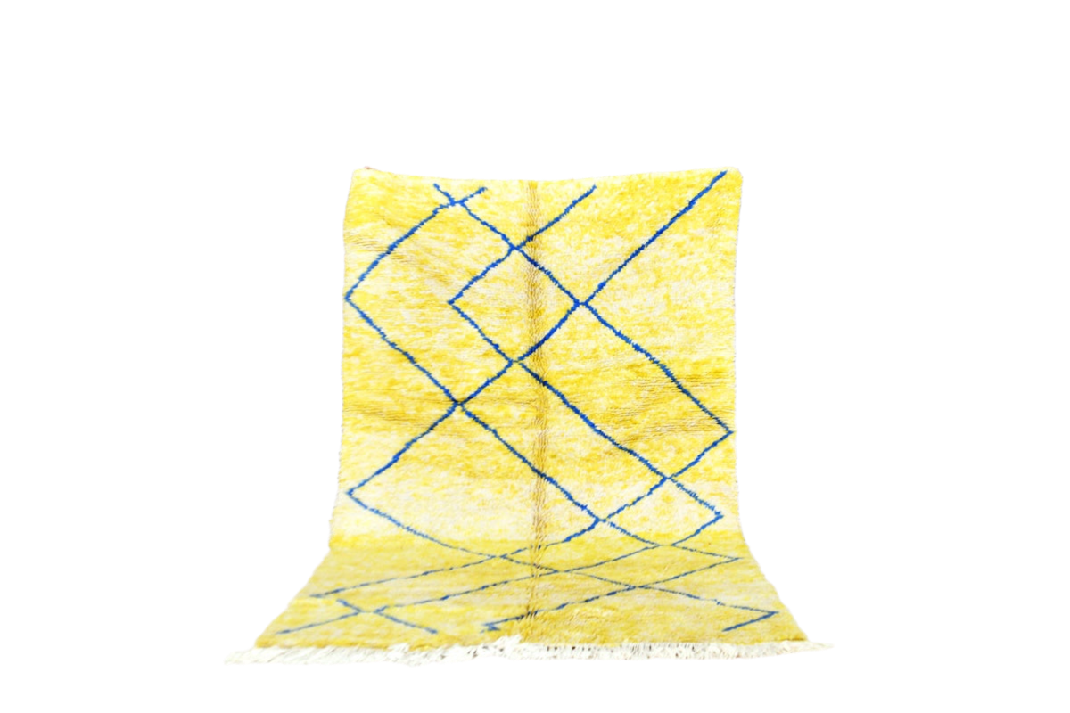 Canary yellow blue diamonds beni mrirt rug morocco standing