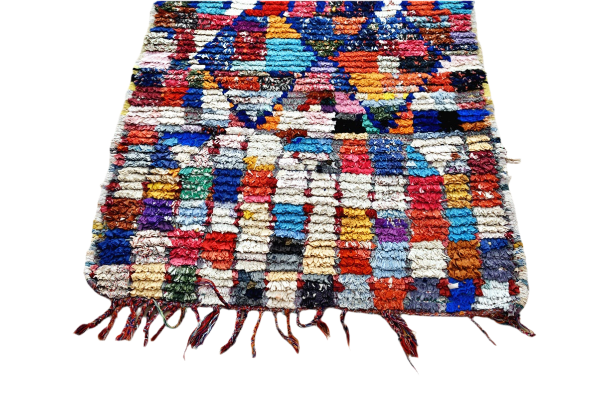 Colorfull checker boucherouite rag rug tassels
