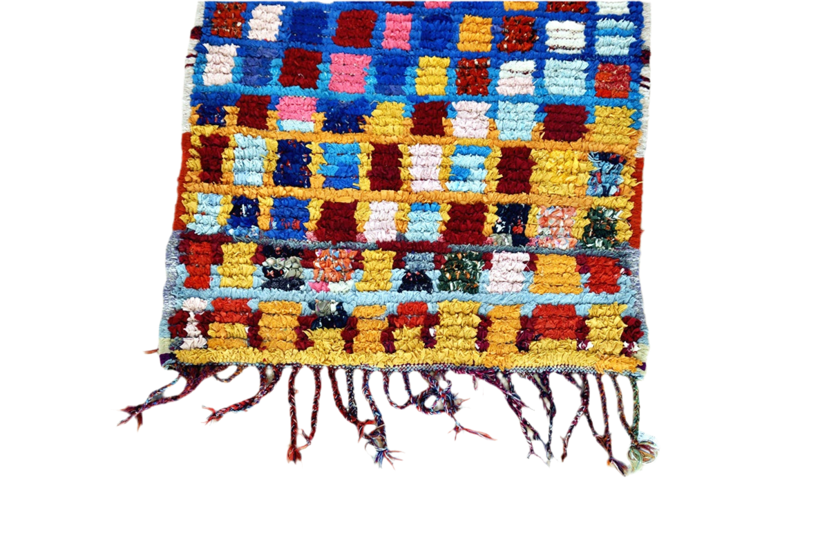 Colorfull checker boucherouite rag rug tassels