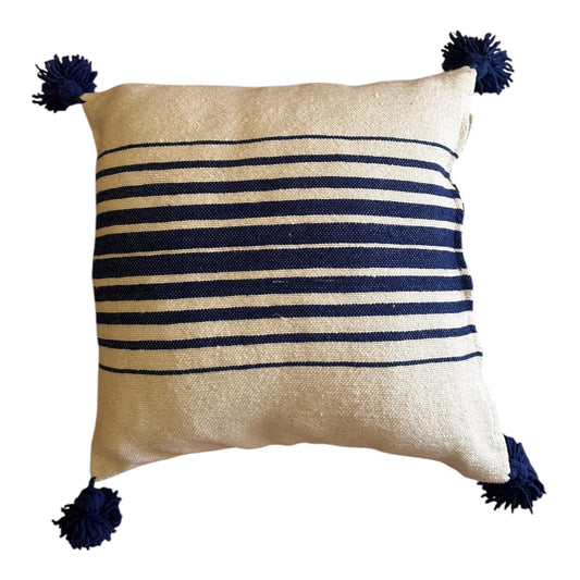 Cushion cover boho luxe pompom cotton blue white 