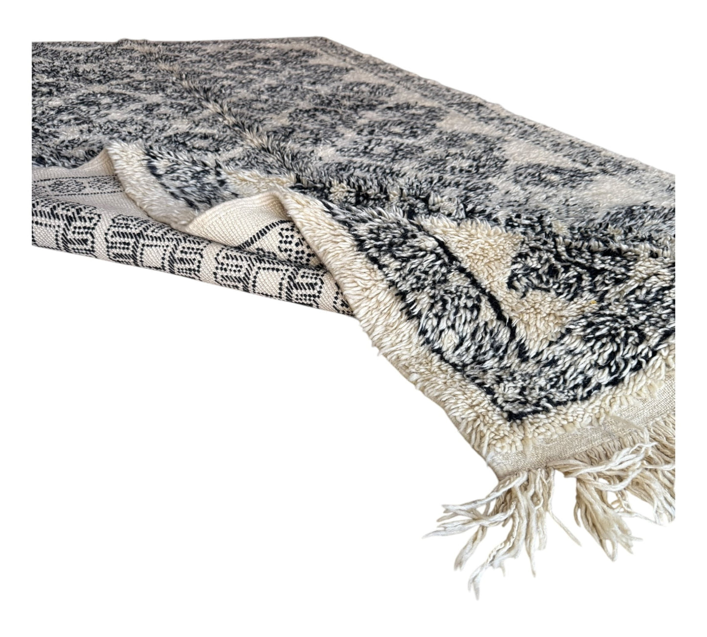 Flowers black and white vintage beni ourain moroccan rug folded