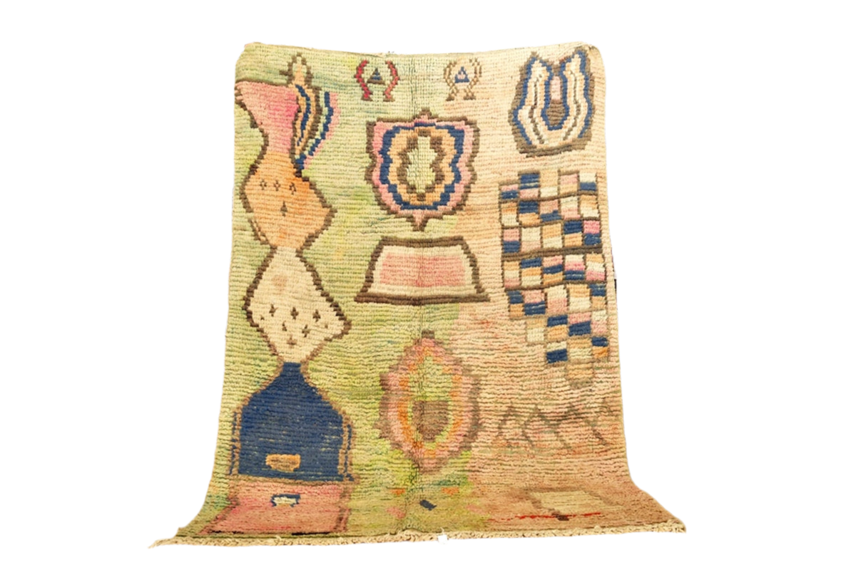 Green blue pink Moroccan boujaad area rug  standing