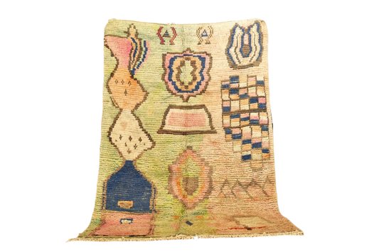 Green blue pink Moroccan boujaad area rug  standing