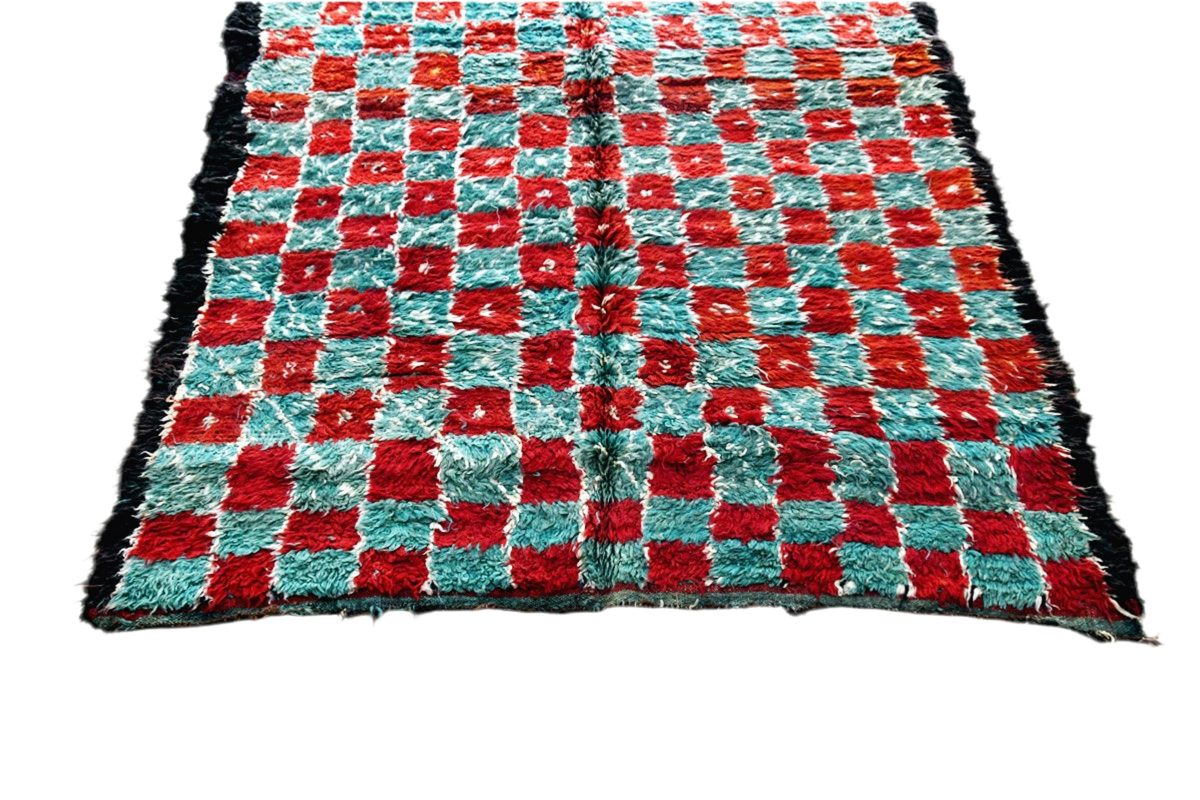Green red checker intage marmoucha moroccan rug