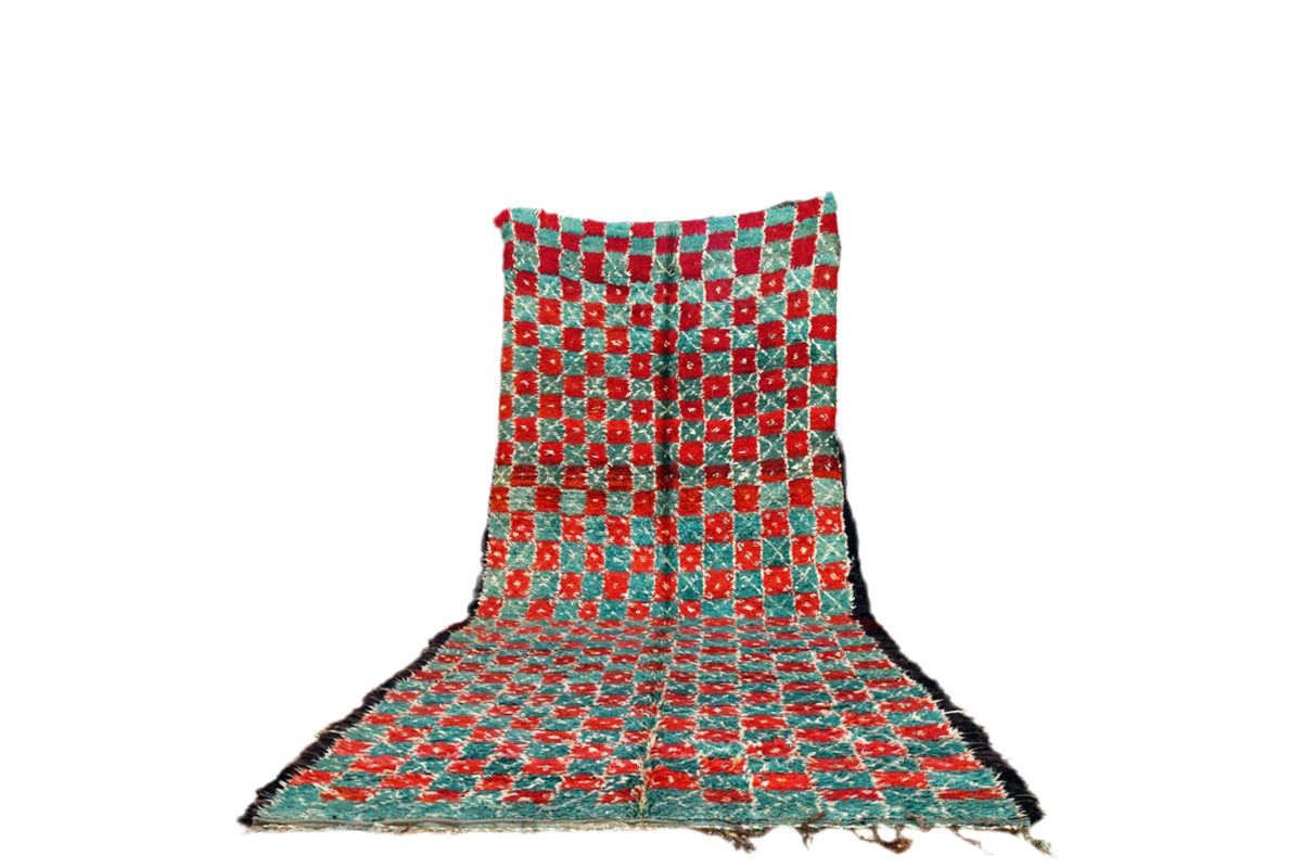 Green red checker intage marmoucha moroccan rug standing