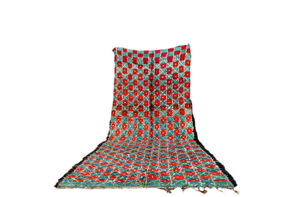 Green red checker intage marmoucha moroccan rug standing