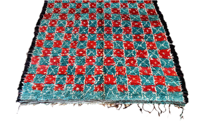 Green red checker intage marmoucha moroccan rug top