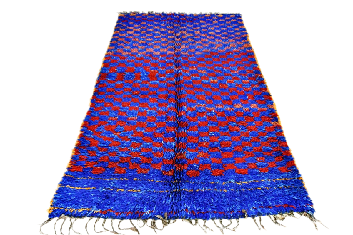 Indigo blue checker vintage beni mguild rug front