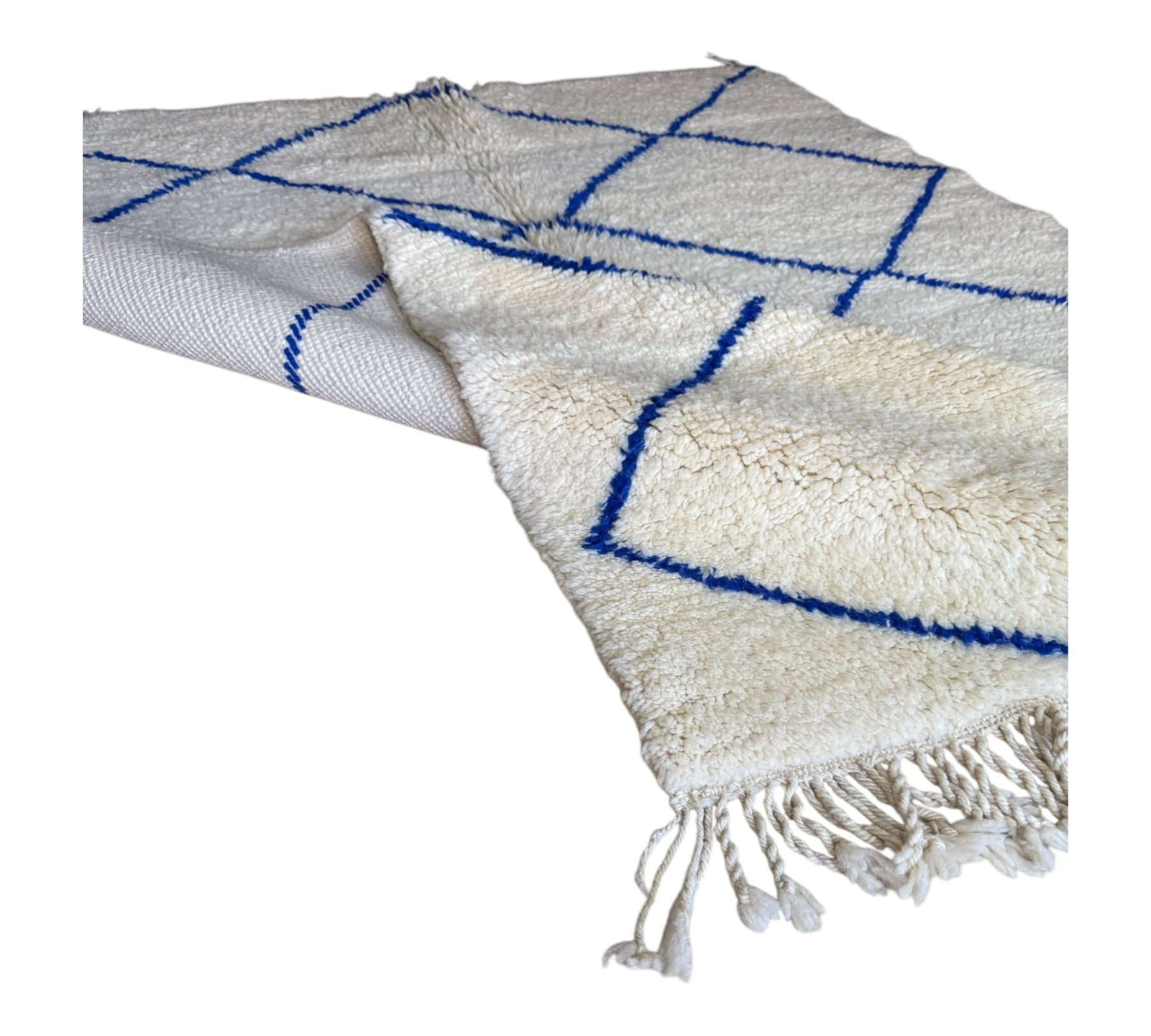 Mediteranean Beni ourain white blue rug folded