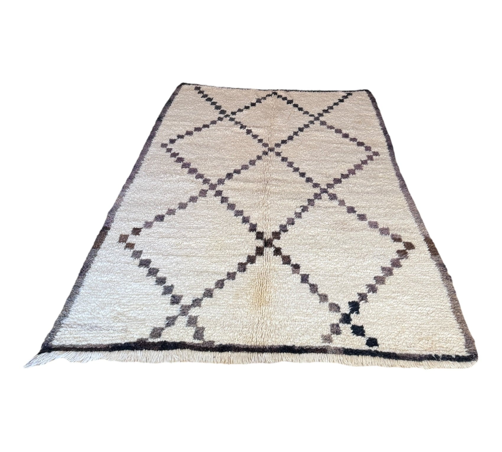 Moroccan vintage beni ourain rug white faded black front