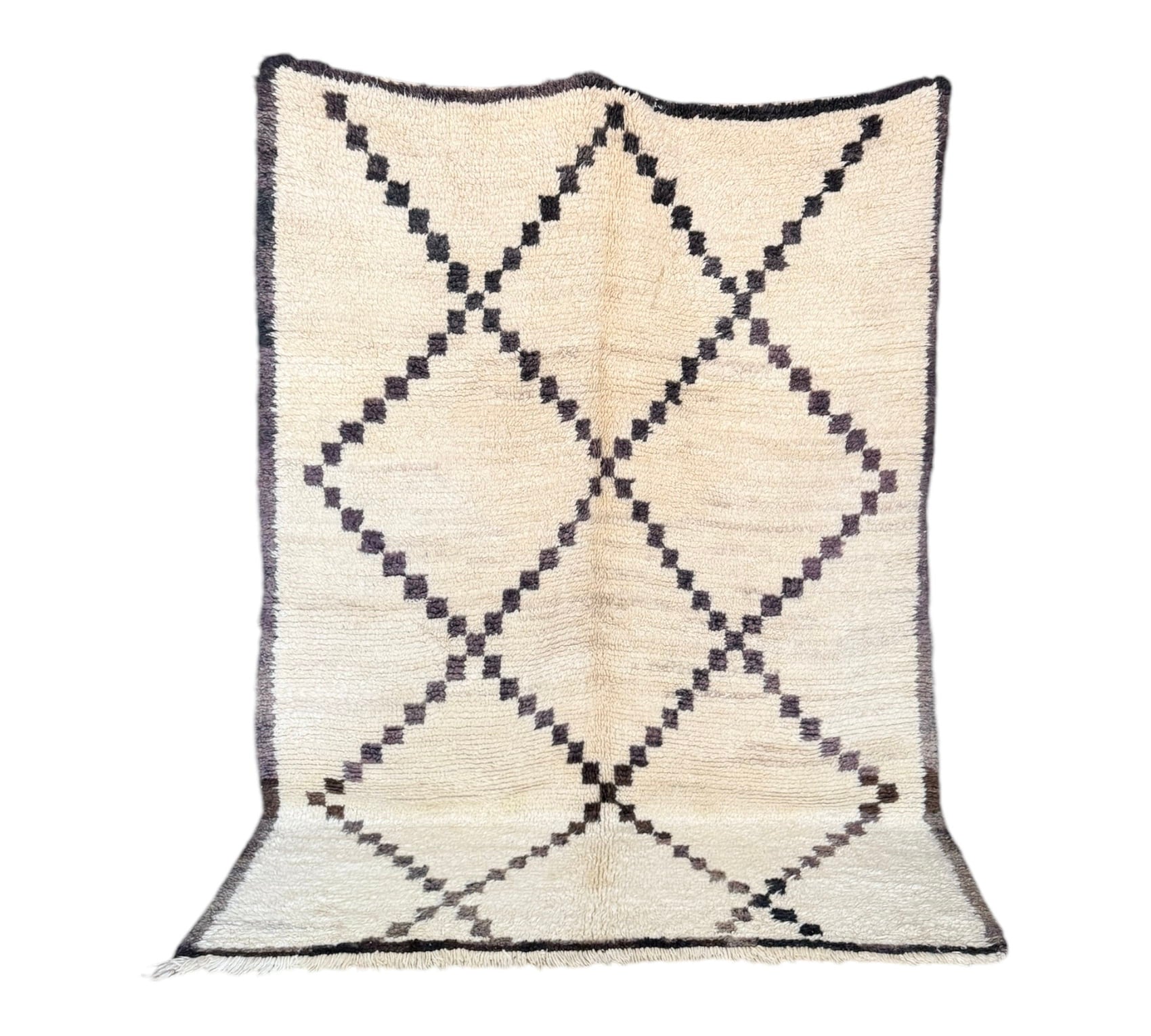 Moroccan vintage beni ourain rug white faded black standing