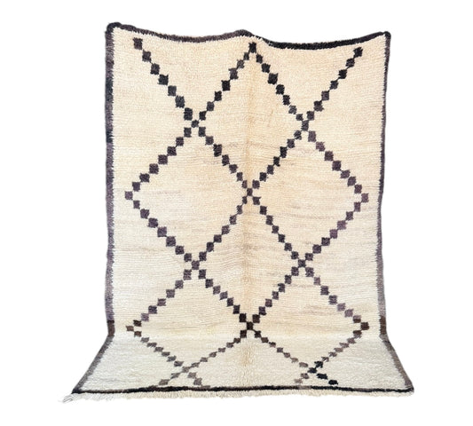 Moroccan vintage beni ourain rug white faded black standing