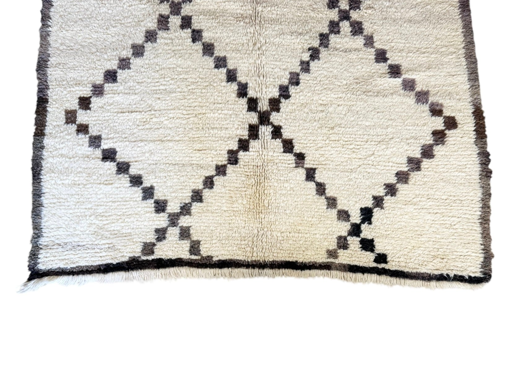 Moroccan vintage beni ourain rug white faded black top