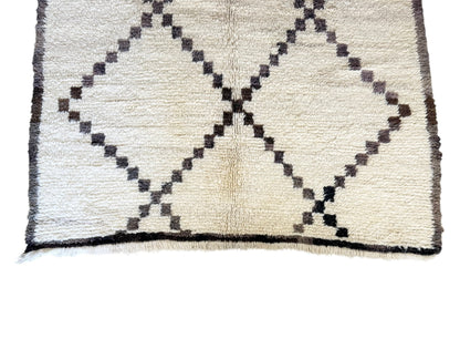 Moroccan vintage beni ourain rug white faded black top