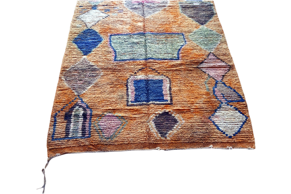Orange blue abstract moroccan area rug 