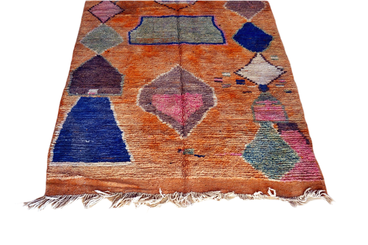Orange blue abstract moroccan area rug fringe
