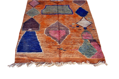 Orange blue abstract moroccan area rug fringe