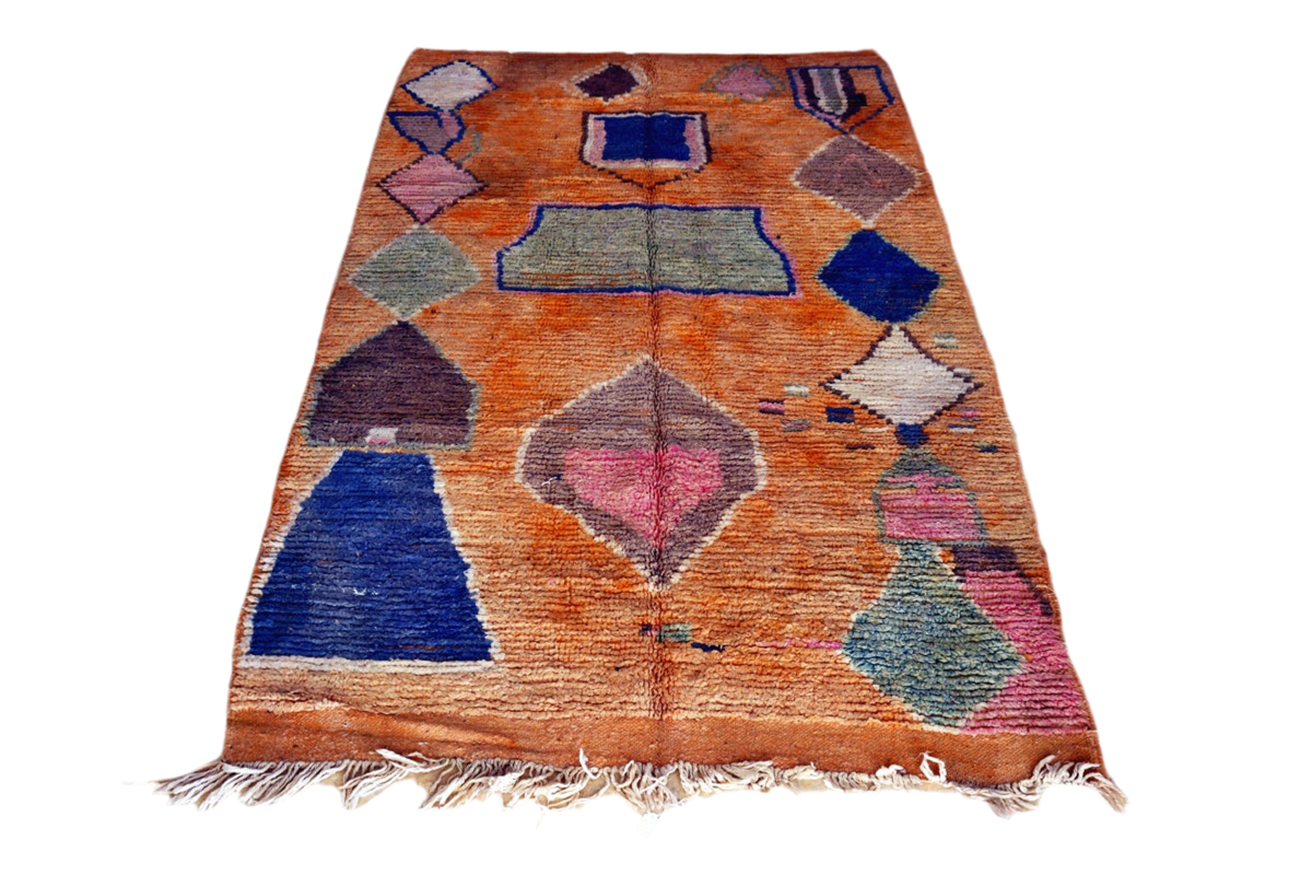 Orange blue abstract moroccan area rug fringe 1