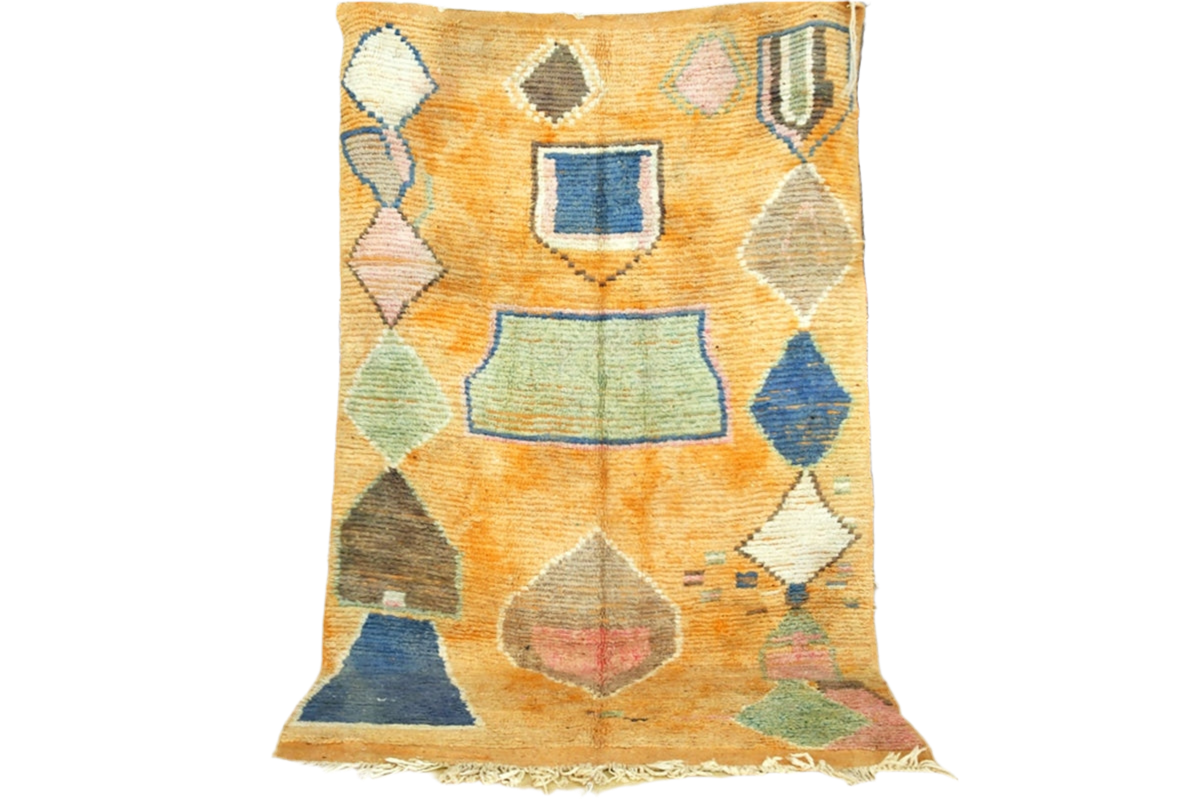 Orange blue abstract moroccan area rug standing
