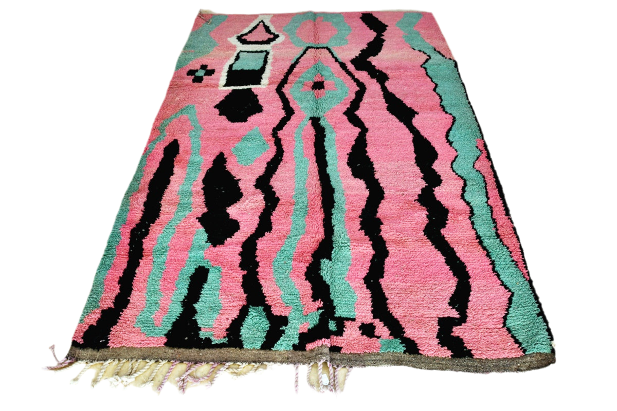 Pink black mint green boujaad moroccan rug front