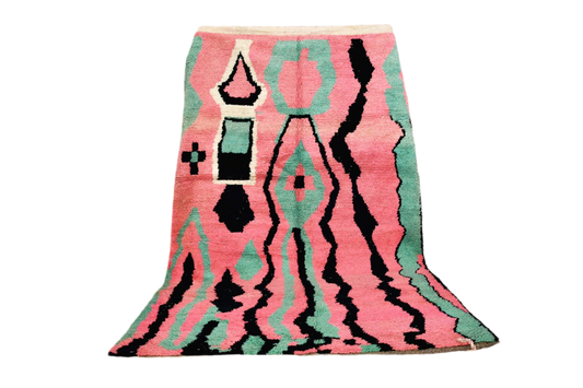 Pink black mint green boujaad moroccan rug front standing