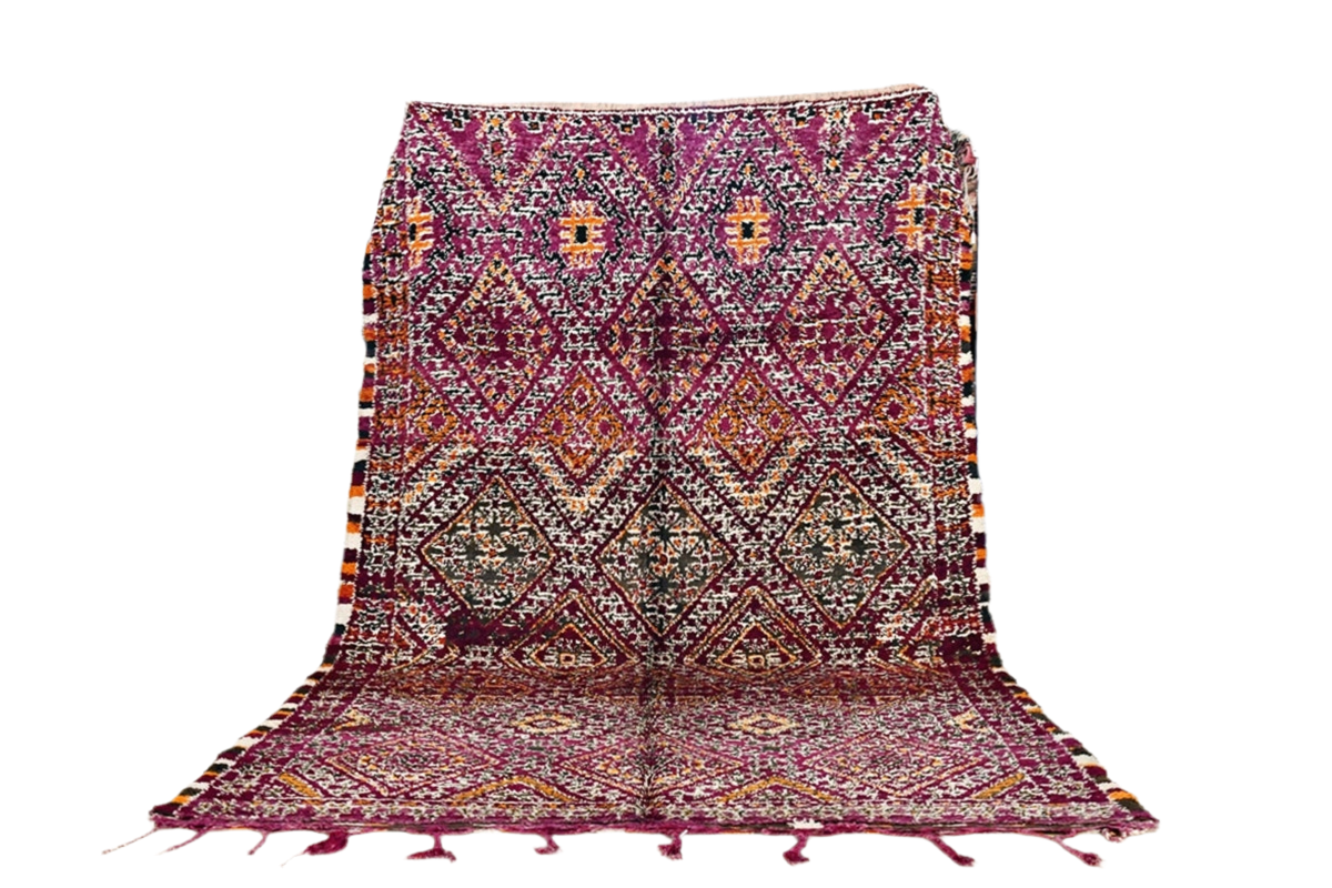 Purple orange black moroccan vintage marmoucha rug maalem standing