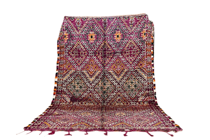 Purple orange black moroccan vintage marmoucha rug maalem standing