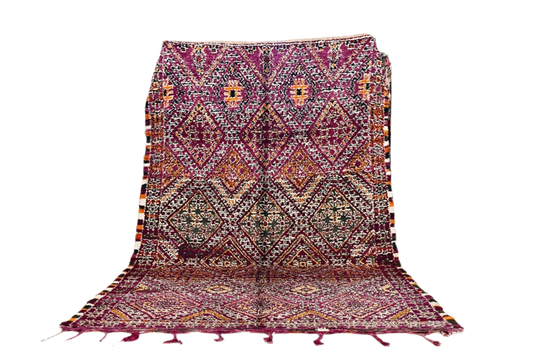 Purple orange black moroccan vintage marmoucha rug maalem standing