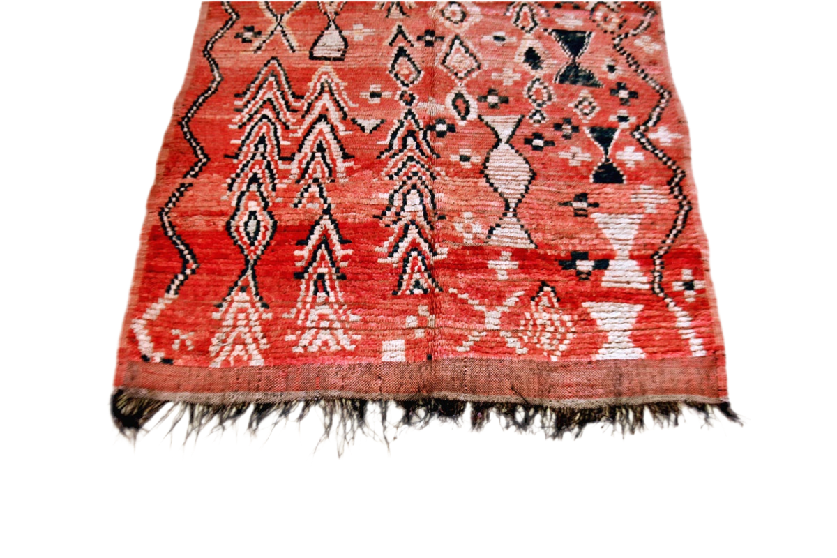 Red abstract vintage boujaad rug Moroccan morocco bottom tassels 