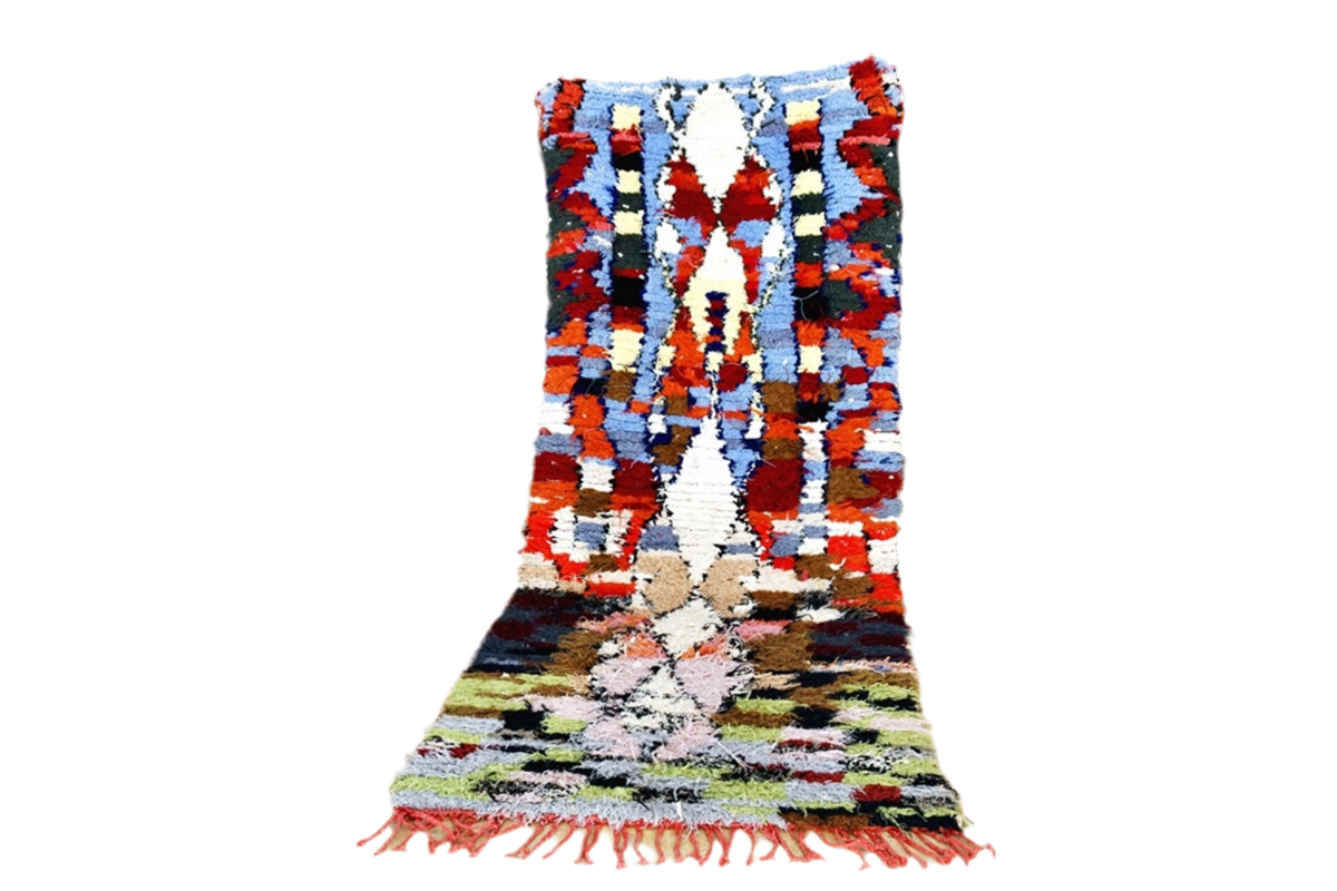 Red blue boucherouite rag rug morocco standing