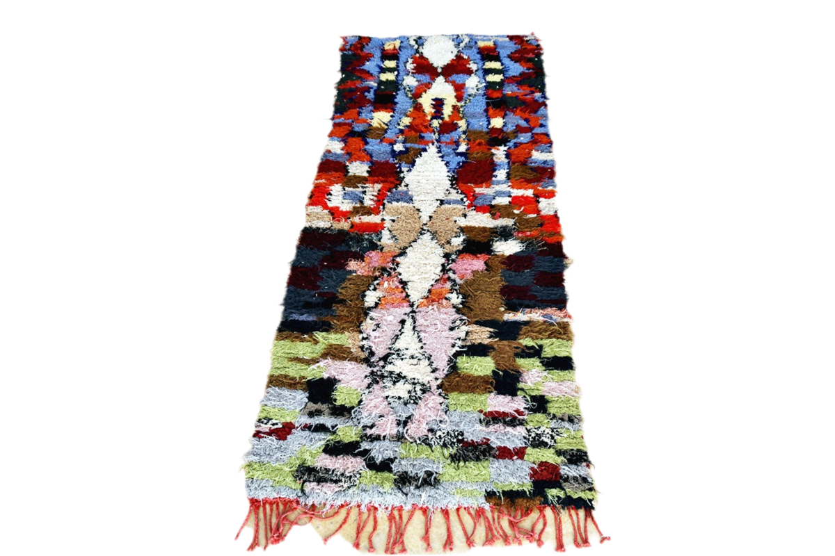 Red blue boucherouite rag rug morocco tassels c