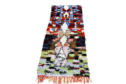 Red blue boucherouite rag rug morocco tassels c