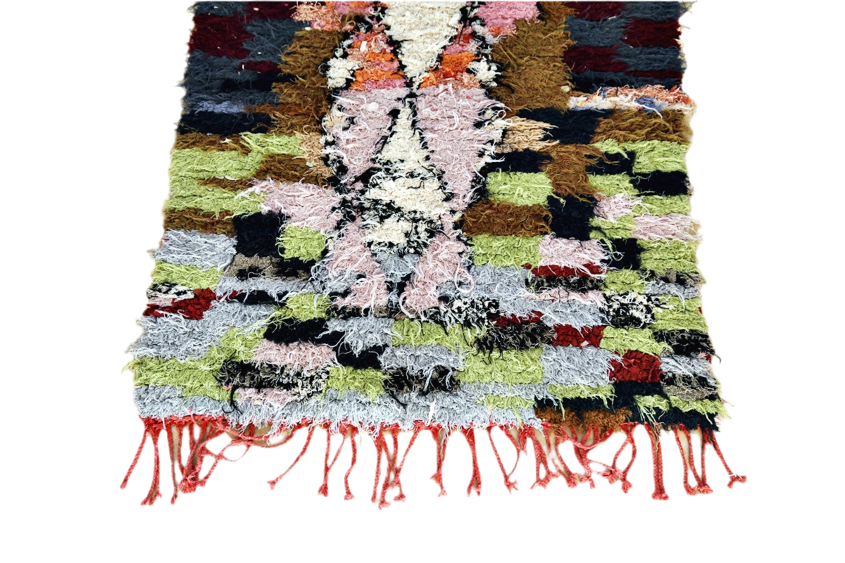 Red blue boucherouite rag rug morocco tassels